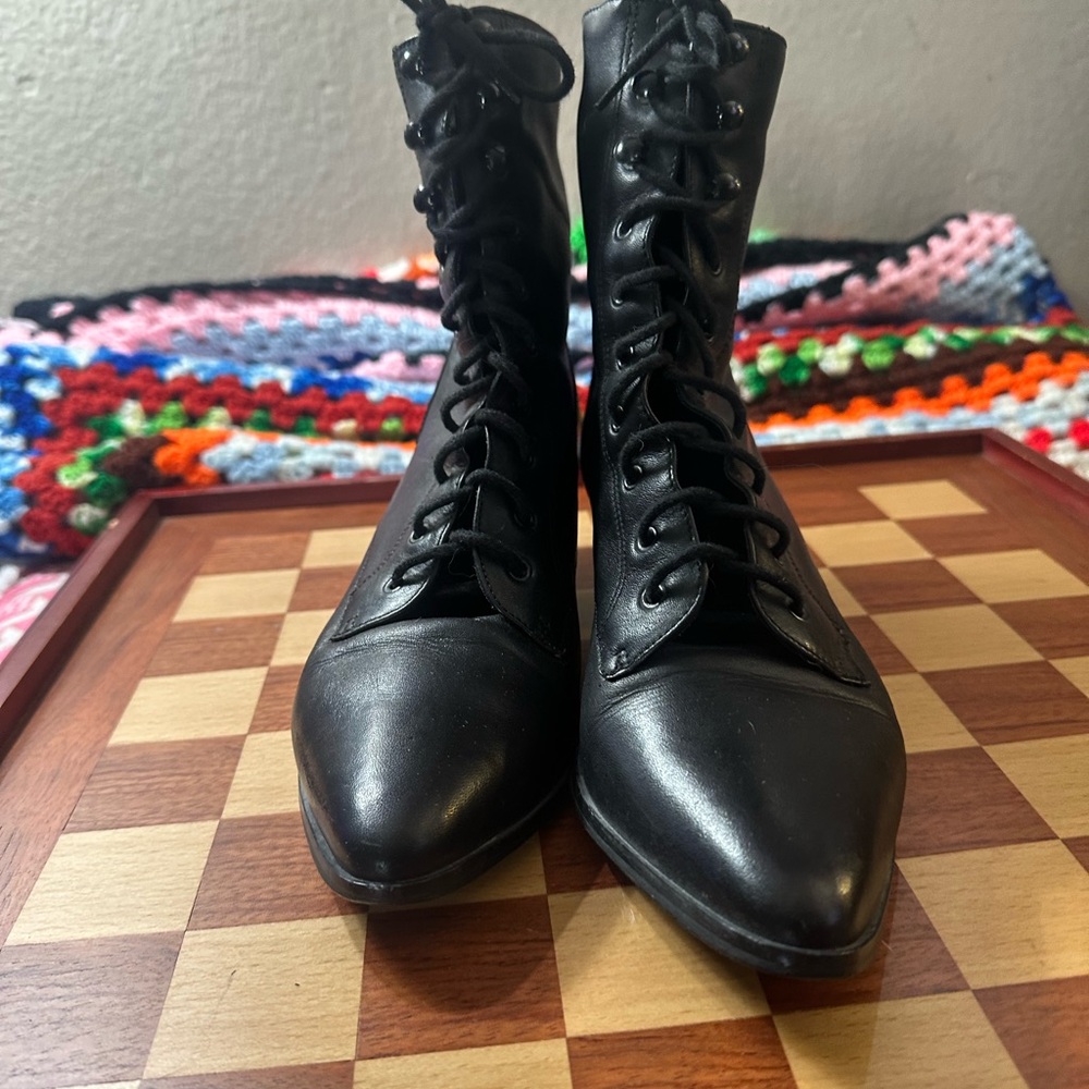 Vintage Black Leather Granny 7-8 Ankle Boots